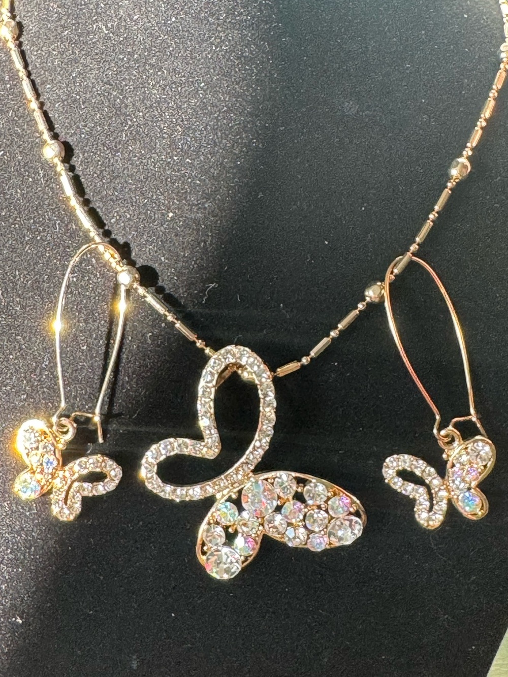 Y2K Gold Tone Sparkly Rhinestone Butterfly Necklace & Earring Set Aurora Bor